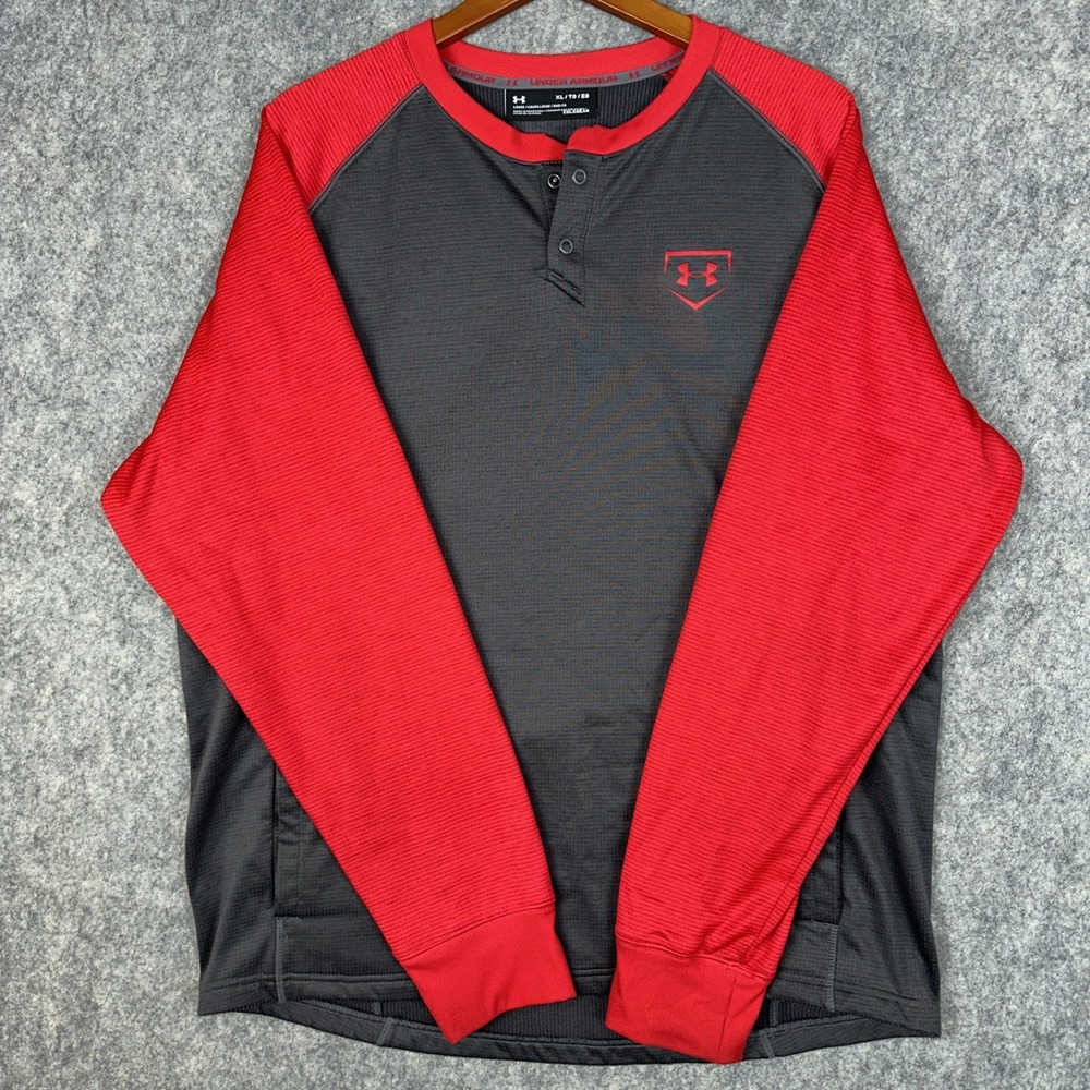 UNDER ARMOUR Baseball Training Henley Men's Carbon/Red XL Long Sleeve Shirt